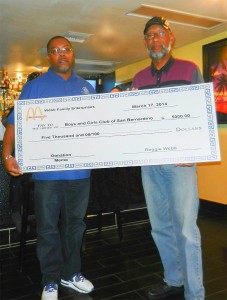 Reggie Webb (right), Webb Family Enterprises, presents A. Majadi (left), President of the Boys & Girls Club of San Bernardino, with a check for $5000 for the program. 