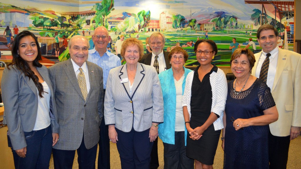 The SBCCD Board members welcome the new student trustees at their installation on June 12. Shown left to right, front row, are Crafton Hills College student trustee Alexis Panaguiton; Trustee Nickolas W. Zoumbos; Board Vice President Kathleen (Katy) Henry; Board President Donna Ferracone; San Bernardino Valley College Student Trustee Tiffany Joy Guzman; Trustee Gloria Macias Harrison; Back row: Trustee Dr. Donald Singer; Trustee John Longville and SBCCD Chancellor Bruce Baron. 