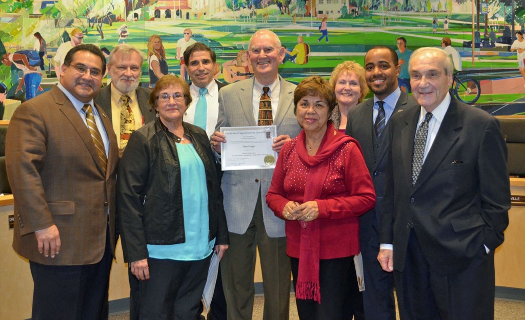 Shown with San Bernardino County Supervisor James Ramos are the members of the Board of Trustees of the San Bernardino Community College District: (front row) Donna Ferracone; Dr. Donald Singer; Gloria Macías Harrison and Nickolas Zoumbos; (back row) Board President John Longville; Chancellor Bruce Baron; Dr. Kathleen Henry, Board Vice President; and Joseph Williams, Board Clerk.