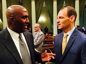 Assembly Members Jim Cooper and Kevin McCarty on the Assembly Floor after Governor Jerry Browns unprecedented fourth inaugural address. Assemblyman Jim Cooper said California needs to address drug addiction and did not support proposition 47, the ballot measure that releases low-level offenders into the community  Cooper Assembly District 9 is from Elk Grove, McCarty 7th District is from Sacramento. 