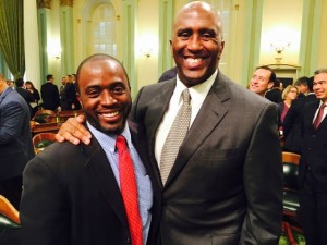 Freshmen Members of the Assembly Tony Thurmond, left and Jim Cooper right share a moment responding the Governor Jerry Brown’s record fourth inaugural address. Thurmond wants to see an expansion of Medi-Cal. Cooper wants to see an emphasis on drug rehabilitation and criminal sentencing. Thurmond is from Richmond, W. Contra Costa, Berkeley, Oakland and Alameda