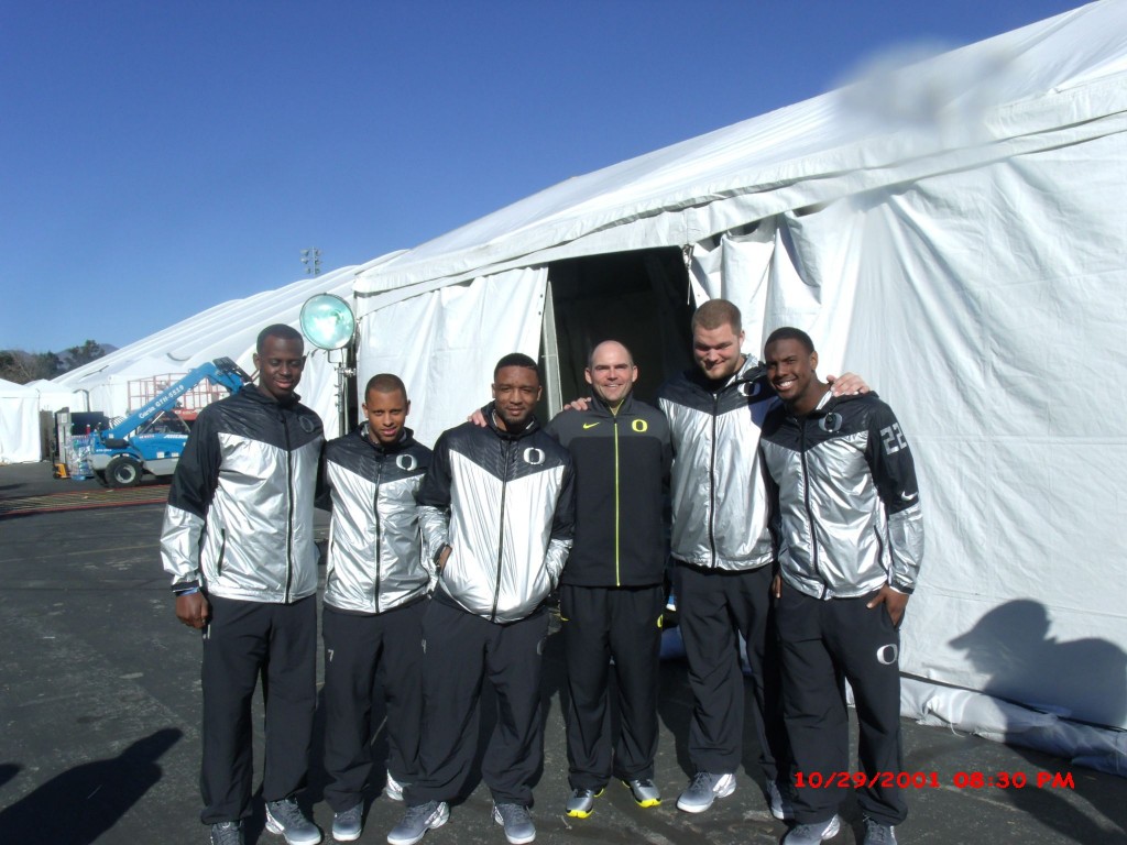 Rose Bowl champions Oregon Ducks  (L-R) Tony Washington, Keanon Lowe, Erick Dargan,  Head Coach  Mark Helfrich  Jake Fisher, Derrick Malone