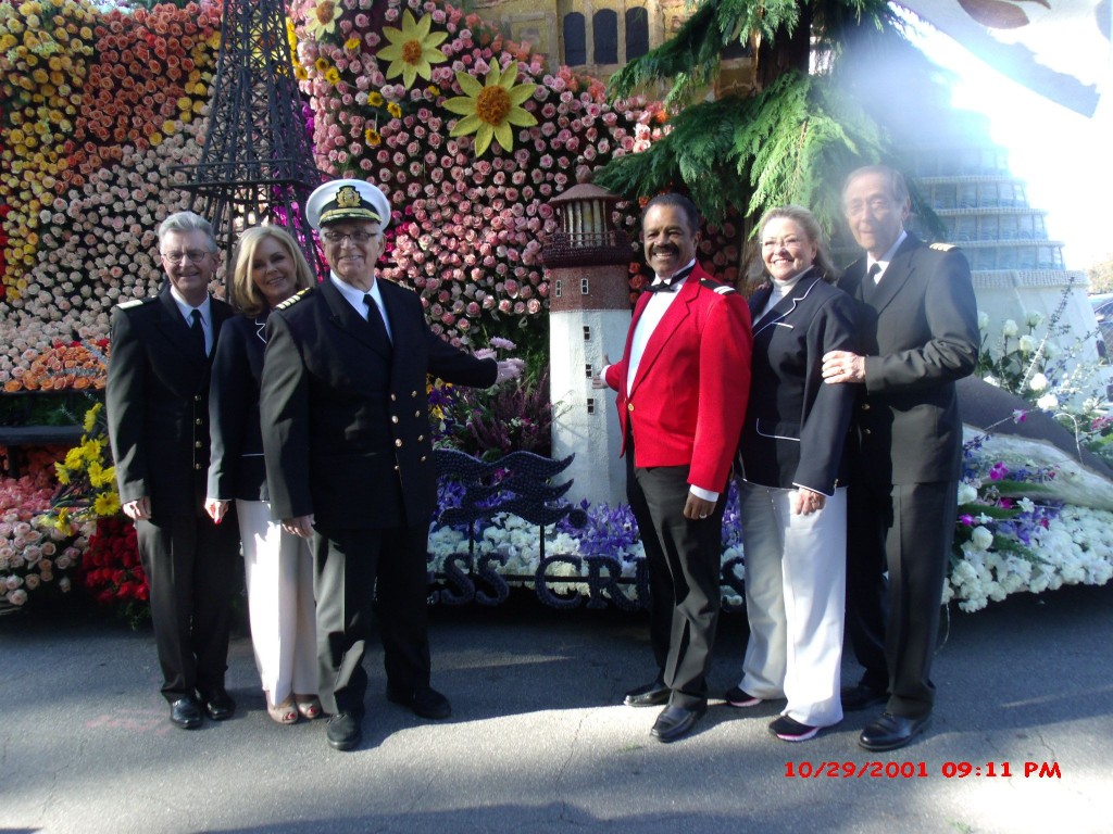 Love Boat cast in front of Princess Cruises Float  (L to R)  Fred Grandy (Chief Purser Gopher),Lauren Tewes (Cruise Director Julie),Gavin MacLeod (Captain Stubing),Ted Lange (Bartender Isaac) Jill Whelan (Captain's daughter Vicki), Bernie Kopell (Doc),