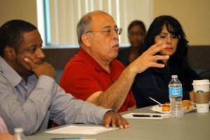 Mayor Pro Tem Frank Navarro shares his concerns regarding transportation in the Inland Empire. He's seated next to Colton Planning Commissioner Rosa Granado-Dominguez and Terrill Grant, a 