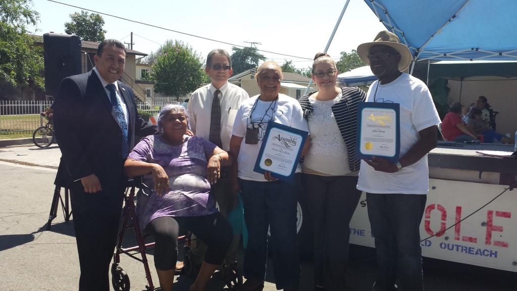 From left to right: Councilmember Benito J. Barrios, Dr. Deborah Winn, Mayor R. Carey Davis, “Sweet” Alice Harris, Alexis (representative from Assemblymember Cheryl Brown’s office), and Allen Harris. (Photo by Nomi K. Bonman)