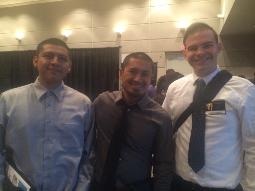 Over 600 youth who participate in San Bernardino County Workforce Investment Board’s youth programs throughout the county came together for a day of networking, listening to motivational speakers and attending career workshops on Friday, Nov. 20 at the Ontario Convention Center.  Pictured from left are Carlos Vasquez, 17, Academic Coach Ivan Lumba, and Shane Hoffman, 23, of Operation New Hope.