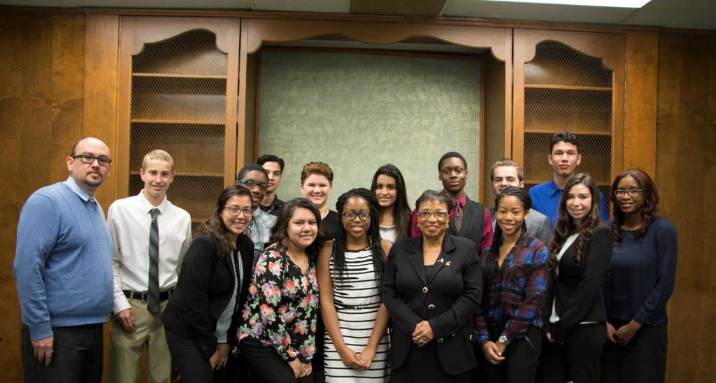 Back row: Daniel Enz, Assemblymember Brown’s office; Garrett Dewhirst, Grand Terrace High School; Patrick Davis, Arroyo Valley High School; Ivan Gudino, Slover Mountain High School; Tatum DeMarco, W.A. Carter High School; Aastha Chaudhary, A.B. Miller High School; Michael Egiebor, W.A. Carter High School; Dominick Maiorca, Kaiser High School; and Ramses Jair Castro, Middle College High School. Front row: Lyzzette Martinez, Arroyo Valley High School; Johanna Silva, Alta Vista Public Charter; Rebecca Egiebor, W.A. Carter High School; Assemblymember Brown; Kalynne Brantley, W.A. Carter High School; Maria Mendoza, Kaiser High School; and Ashley Jones, Assemblymember Brown’s office. Not pictured: Josue Marin, Kaiser High School; Jordan Brown, Middle College High School; and Omar Moreno, A.B. Miller High School. 